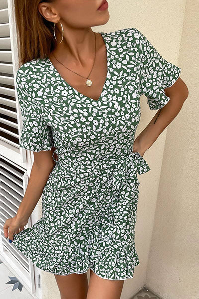 Lily Clothing - CWDMD0235_SHORT SLEEVED LACE UP WAIST V NECK FLORAL DRESS: GREEN / (M) 1