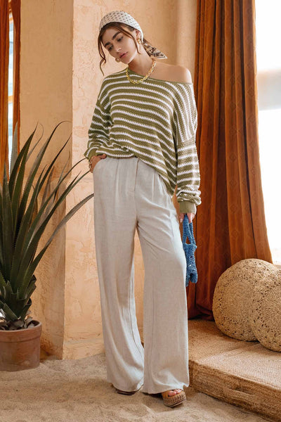 Blu Pepper - RELAXED STRIPE KNIT PULLOVER SWEATER: OLIVE