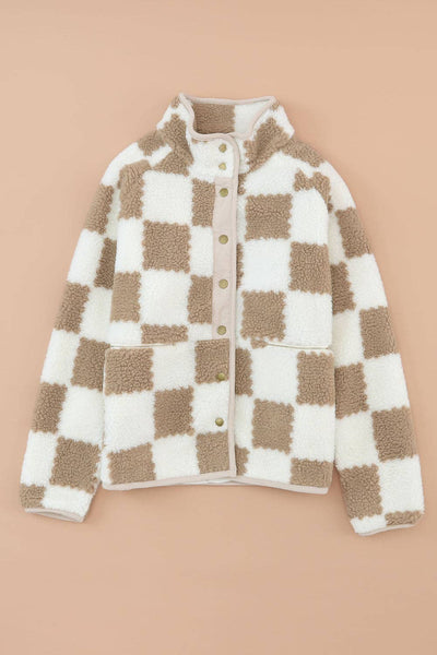 Pretty Bash - Checker Sherpa Snap Button Jacket: Brown / M