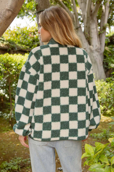 Blu Pepper - CHECKERED SNAP BUTTON FLEECE JACKET: HUNTER GREEN