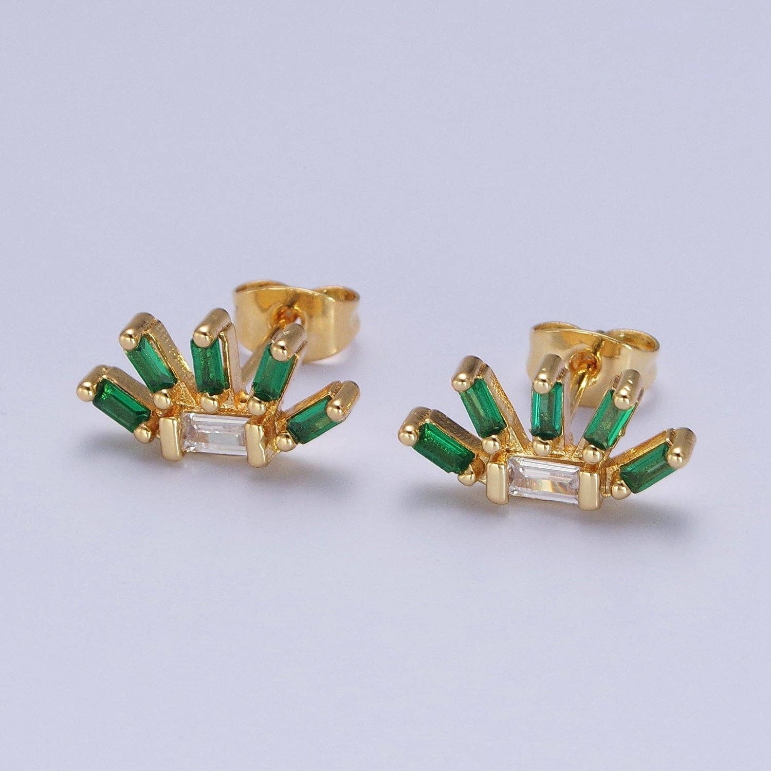 Aim Eternal - 24K Gold Filled Multiple Green & Clear Baguette Cubic Zirconia Plant Flower Stud Earrings | X861