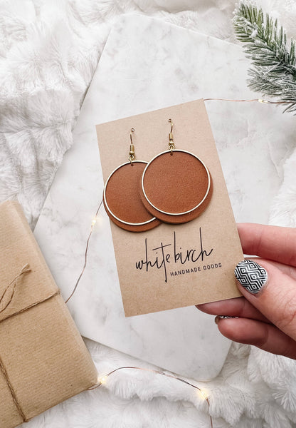 Whitebirch Handmade Goods - Brown Leather Disc & Brass Circle Earrings: Raw Brass Hooks