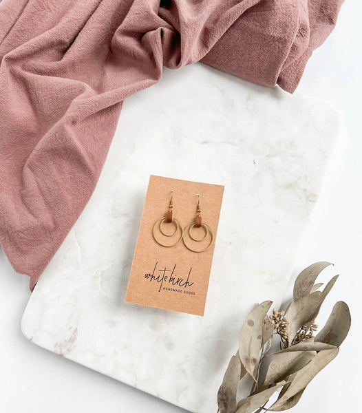 Whitebirch Handmade Goods - Brown Leather Oval & Double Brass Circles Earrings: Brass