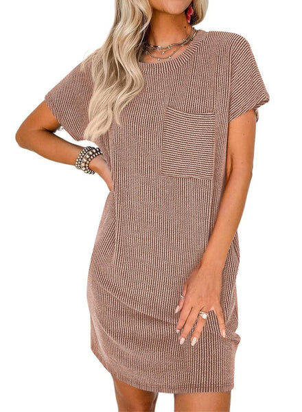 Lovesoft - Summer Casual T-shirt Short-sleeved Dress (With Pockets): Light Brown / 65%Rayon + 35%Polyester / M