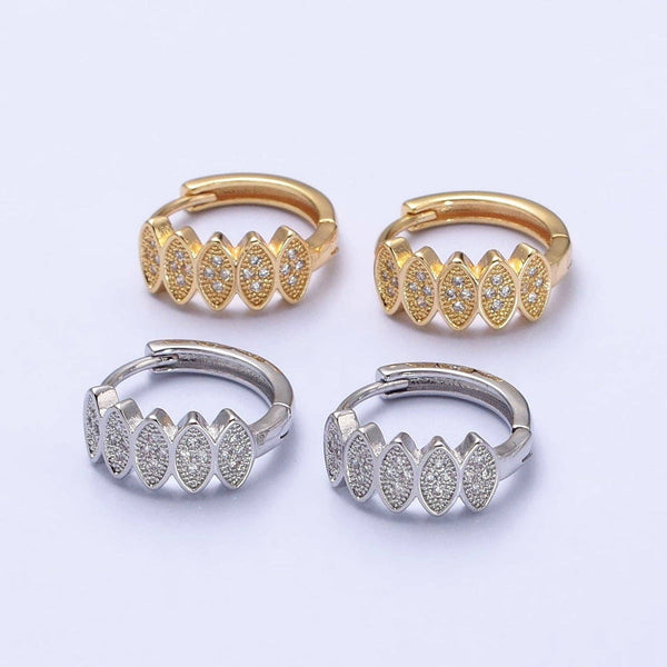 Aim Eternal - Gold, Silver Micro Paved CZ Marquise Geometric Lined 15mm Huggie Earrings | AB505 AB511: Gold