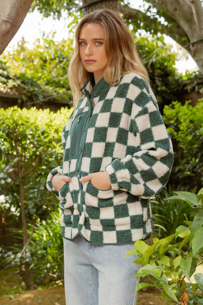 Blu Pepper - CHECKERED SNAP BUTTON FLEECE JACKET: HUNTER GREEN