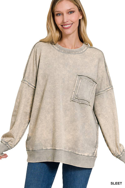 42POPS - ,.SI-24555 French terry washed raw edge pullover w/ side: M / DEEP SKY-154214