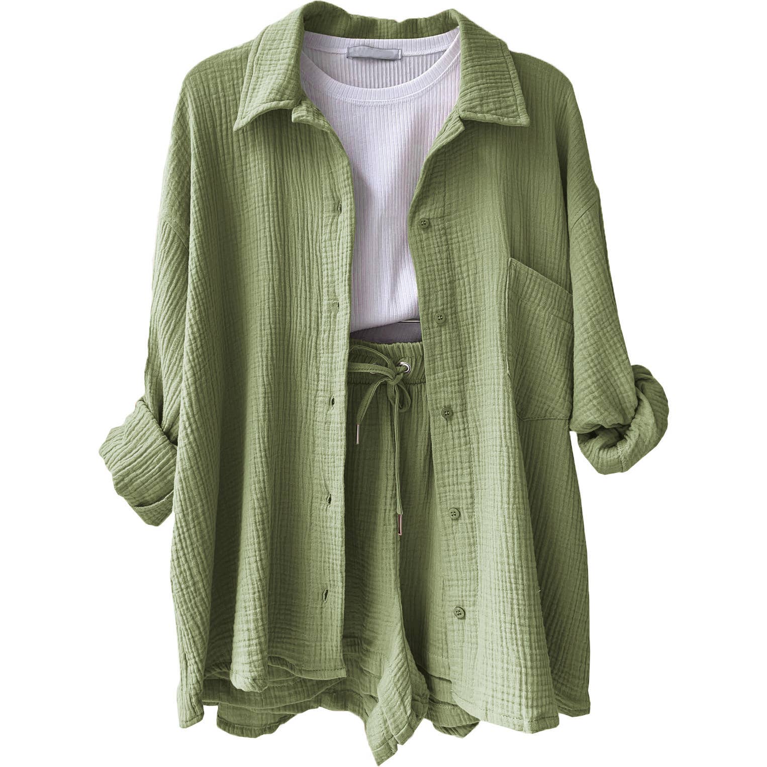 Sweetkama - Ladies Solid Color Top and Short Set Daily Set 23109: Bean Green / M