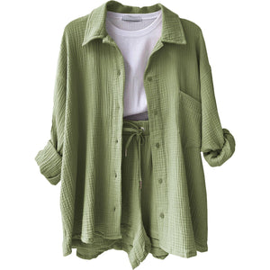 Sweetkama - Ladies Solid Color Top and Short Set Daily Set 23109: Bean Green / M