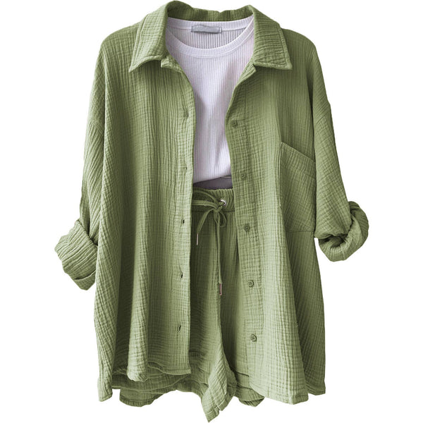 Sweetkama - Ladies Solid Color Top and Short Set Daily Set 23109: Bean Green / M
