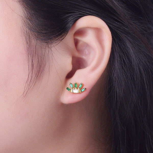 Aim Eternal - 24K Gold Filled Multiple Green & Clear Baguette Cubic Zirconia Plant Flower Stud Earrings | X861