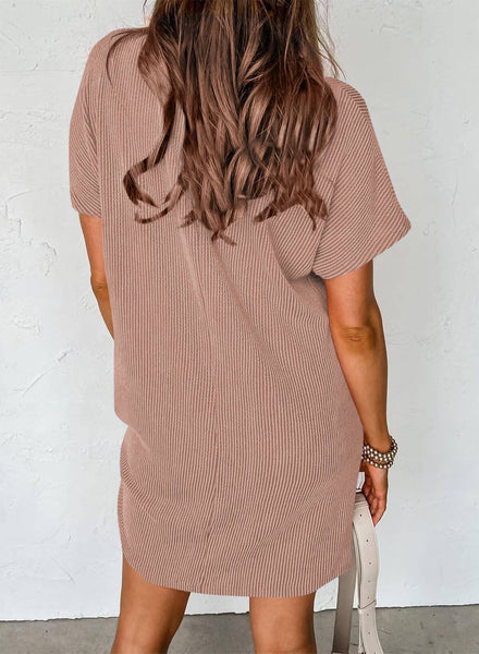 Lovesoft - Summer Casual T-shirt Short-sleeved Dress (With Pockets): Light Brown / 65%Rayon + 35%Polyester / M