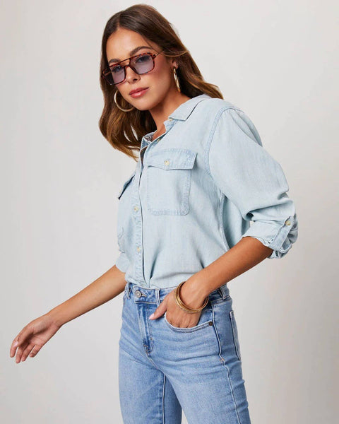 Sweetkama - Sweetkama Ladies Denim Pockets Long Sleeves Shirt: Dark Blue / XL