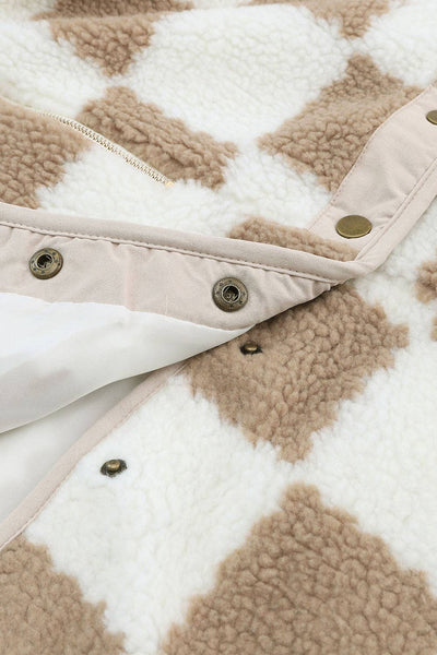 Pretty Bash - Checker Sherpa Snap Button Jacket: Brown / M