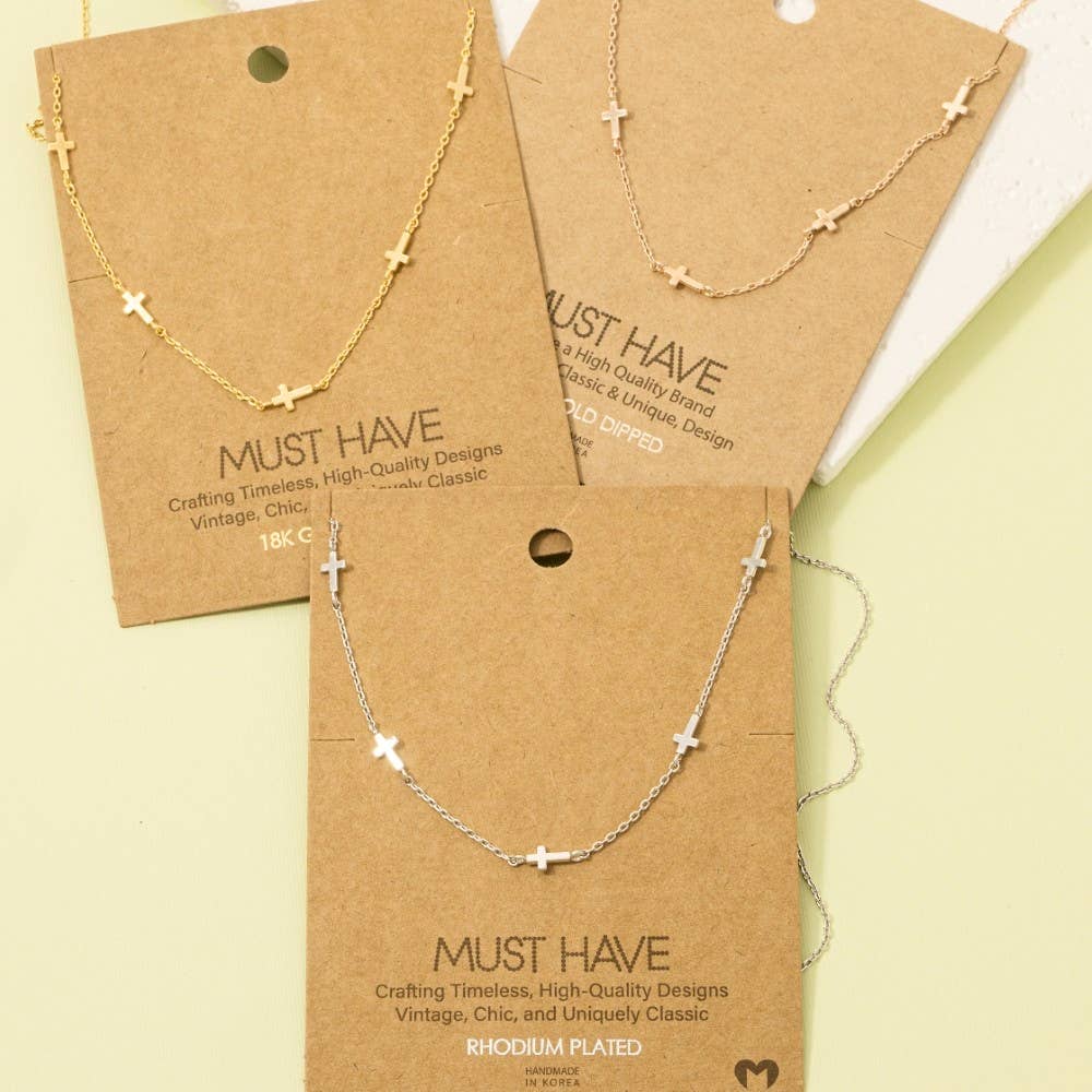Fame Accessories - Gold Dipped Dainty Cross Station Necklace: G