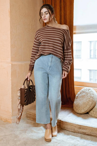 Blu Pepper - RELAXED STRIPE KNIT PULLOVER SWEATER: OLIVE