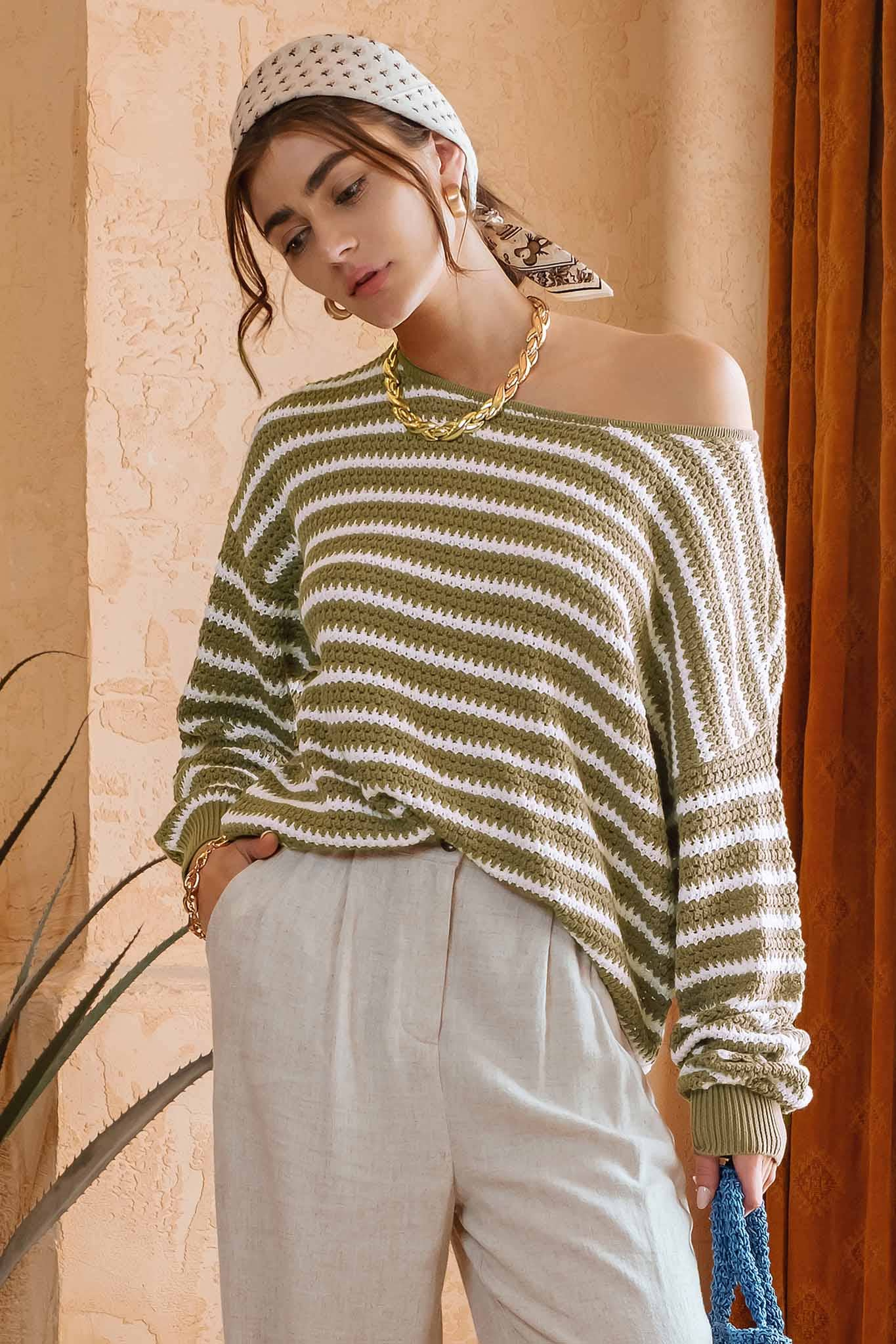 Blu Pepper - RELAXED STRIPE KNIT PULLOVER SWEATER: OLIVE