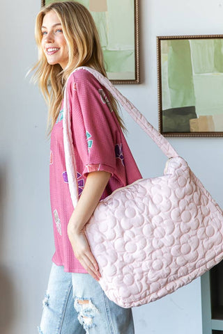 1st Allie - Trendy Flower Stitch Puffy Quilted Large Tote Bag: Pink