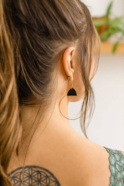 Whitebirch Handmade Goods - Distressed Black Leather & Brass Circle Earrings: Raw Brass Hooks