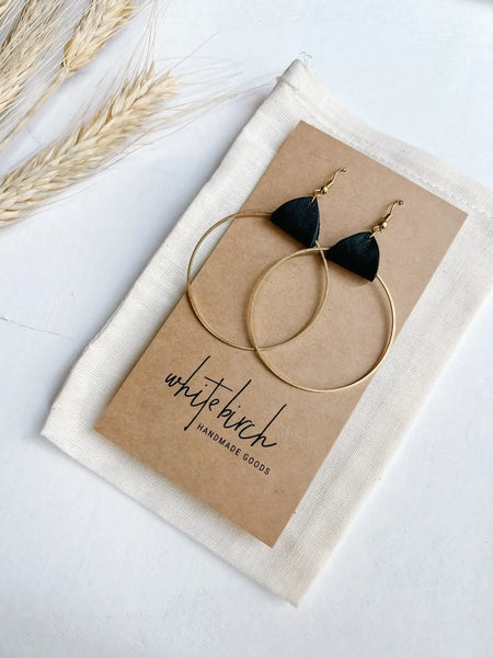 Whitebirch Handmade Goods - Distressed Black Leather & Brass Circle Earrings: Raw Brass Hooks