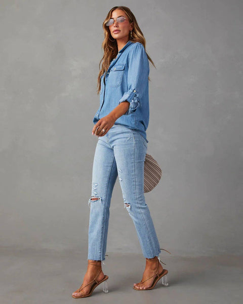Sweetkama - Sweetkama Ladies Denim Pockets Long Sleeves Shirt: Dark Blue / S