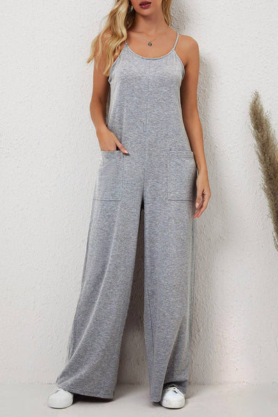 Pretty Bash - Heather Knit Wide Leg Pocket Jumpsuit: Gray / XL / Loose Fit