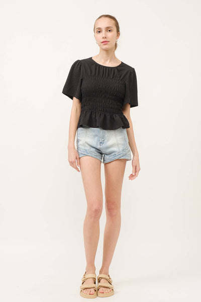 Aaron & Amber - MAP2736 -STRETCHED DENIM SHORTS W/CURVE HEM: DENIM / M