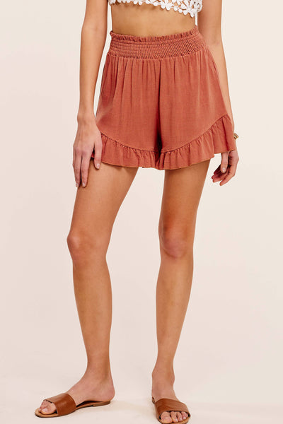 La Miel - JBP4205-Basic Spring Summer Ruffle Shorts: S / Rust