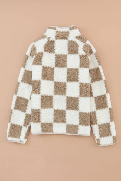 Pretty Bash - Checker Sherpa Snap Button Jacket: Brown / M
