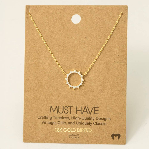 Fame Accessories - Gold Dipped Pave Circle Sun Pendant Necklace: S