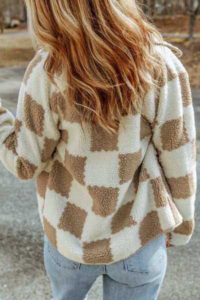 Pretty Bash - Checker Sherpa Snap Button Jacket: Brown / M