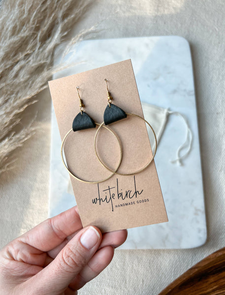 Whitebirch Handmade Goods - Distressed Black Leather & Brass Circle Earrings: Raw Brass Hooks