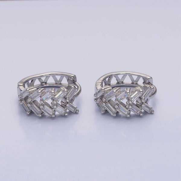 Aim Eternal - Silver, Gold V Double Clear Baguette Huggie Earrings | AB1093 AB1096: Gold