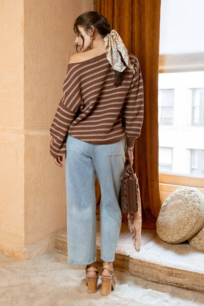 Blu Pepper - RELAXED STRIPE KNIT PULLOVER SWEATER: OLIVE