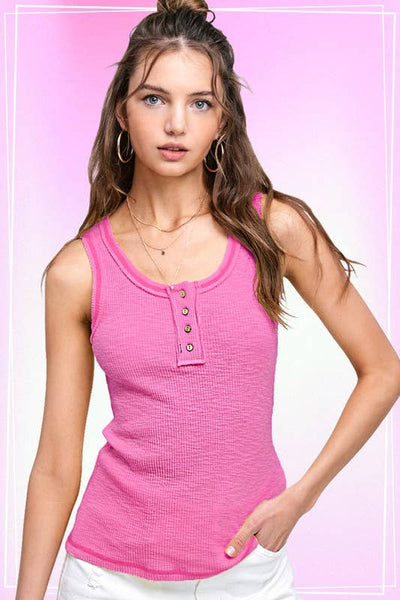 La Miel - JAT7478-Ribbed Henley Stitched Spring Summer Sleeveless Top: M / Grass