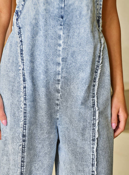 Little Daisy Closet - Light Wash Frayed Exposed Seam Wide Leg Denim Overall: Missy / L / AS SHOWN