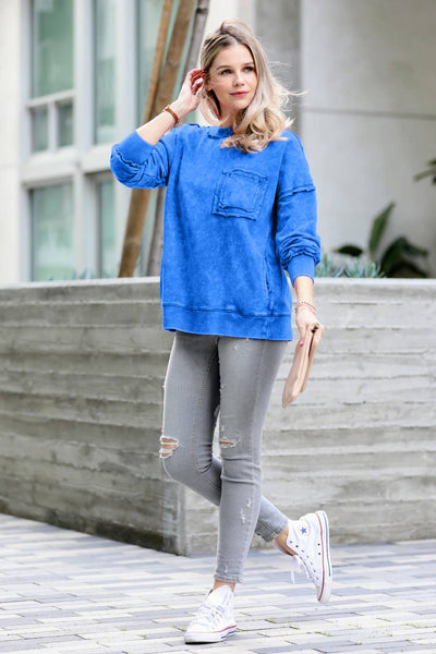 42POPS - ,.SI-24555 French terry washed raw edge pullover w/ side: L / DEEP SKY-154214