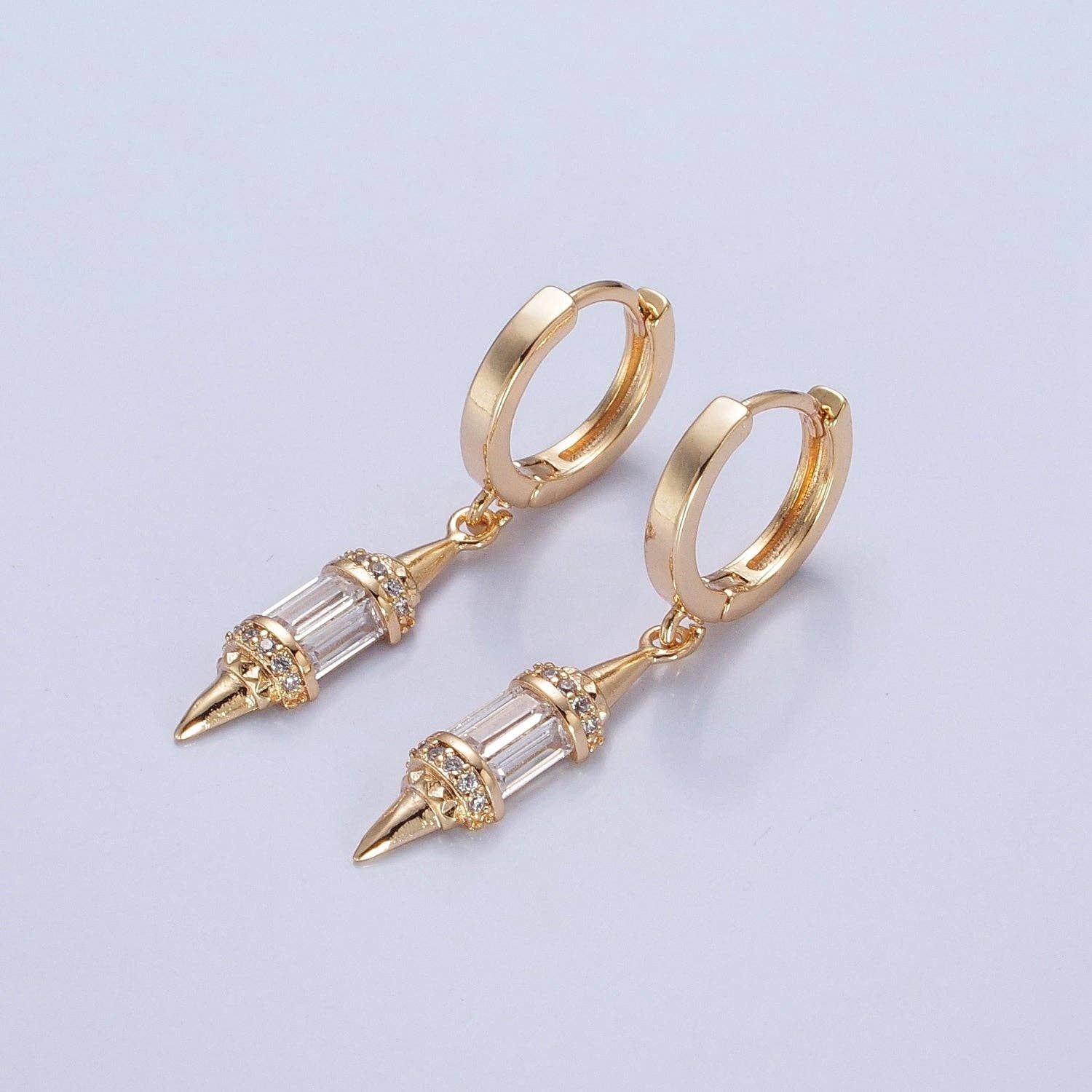 Aim Eternal - 18K Gold Filled pendulum spike drop earrings, Gold Baguette spike dainty earrings, edgy style small spike earrings V-445