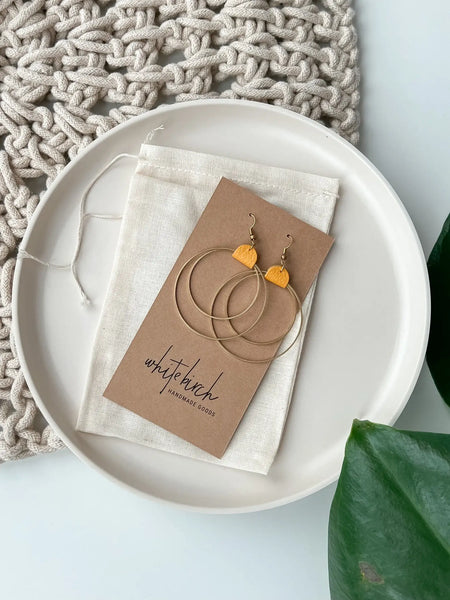 Whitebirch Handmade Goods - Mustard Yellow Leather & Brass Circles Earrings: Brass