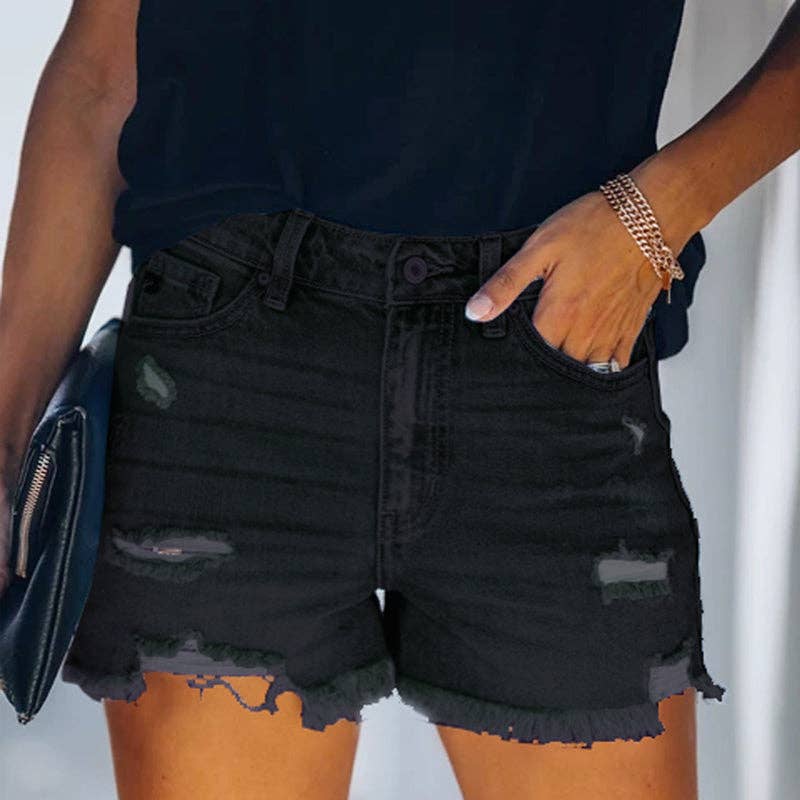 Lovesoft - Women's High-rise Ripped Stretch Summer Denim Shorts: M / Black / 73%Cotton/14%Rayon/11% Polyester/2%spandex