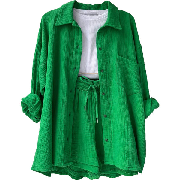 Sweetkama - Ladies Solid Color Top and Short Set Daily Set 23109: Bean Green / M