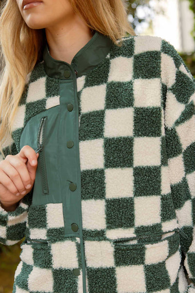 Blu Pepper - CHECKERED SNAP BUTTON FLEECE JACKET: HUNTER GREEN