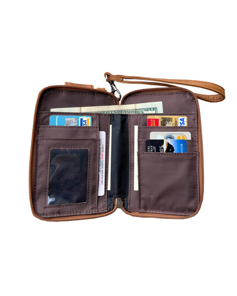 Roma Leathers - 3140 BK phone pouch with credit card slots adjustable strap: Light brown