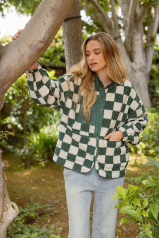 Blu Pepper - CHECKERED SNAP BUTTON FLEECE JACKET: HUNTER GREEN