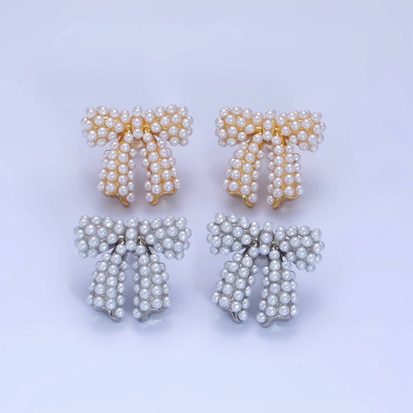 Aim Eternal - 14K Gold Filled Pearl Ribbon Bow Stud Earrings : Sliver