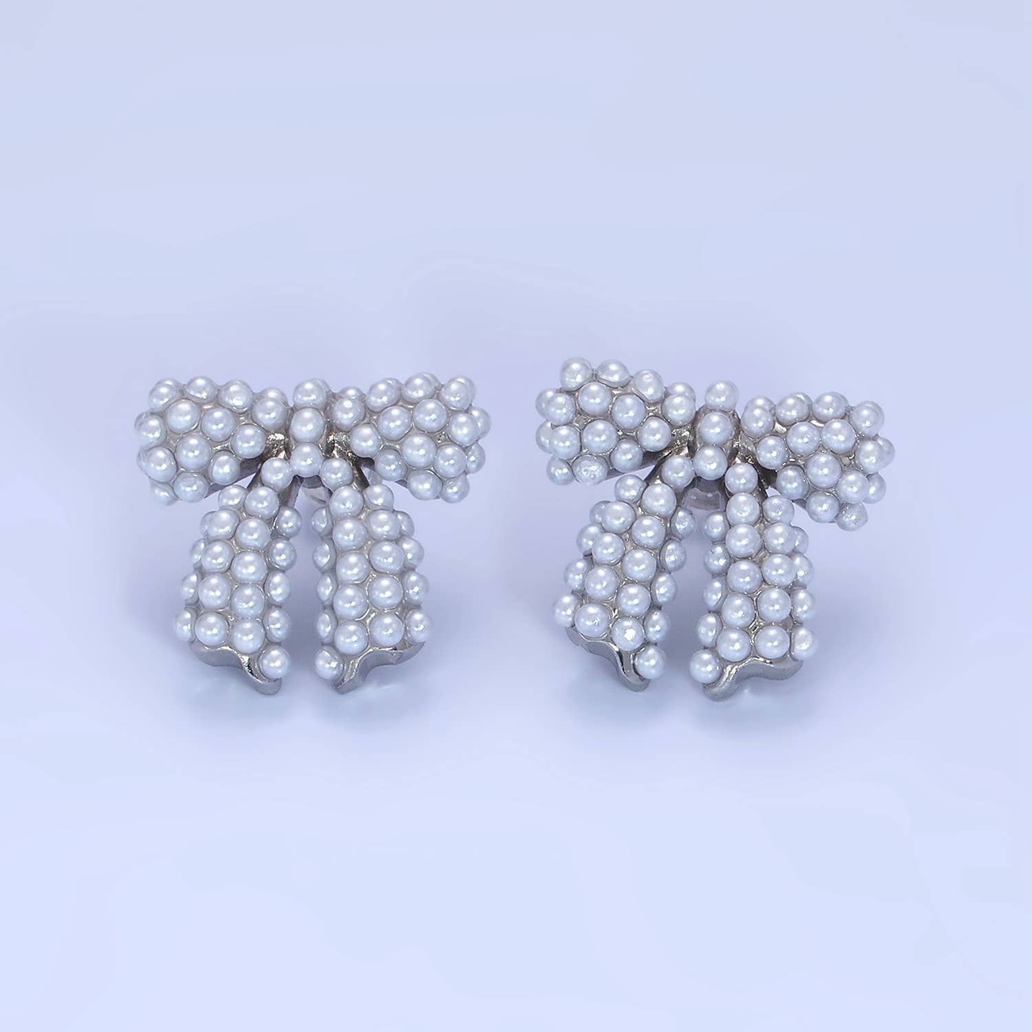 Aim Eternal - 14K Gold Filled Pearl Ribbon Bow Stud Earrings : Sliver
