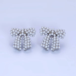 Aim Eternal - 14K Gold Filled Pearl Ribbon Bow Stud Earrings : Sliver