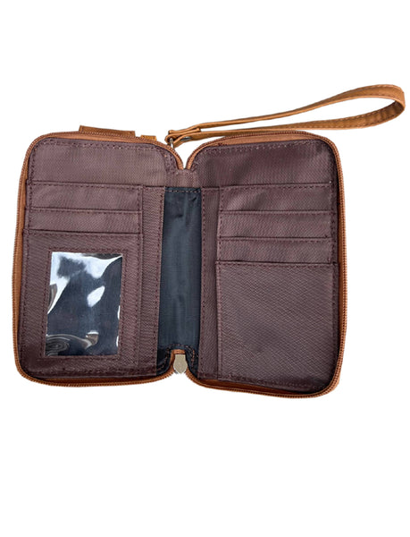 Roma Leathers - 3140 BK phone pouch with credit card slots adjustable strap: Light brown