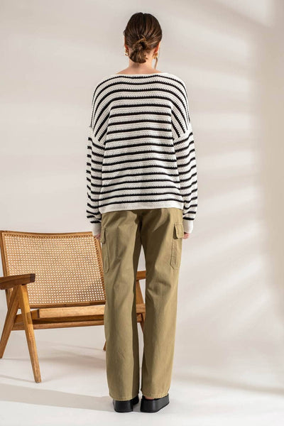 Blu Pepper - RELAXED STRIPE KNIT PULLOVER SWEATER: OLIVE