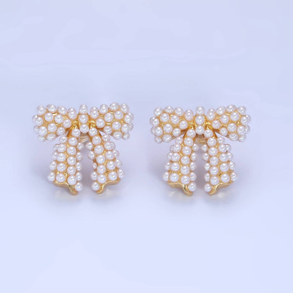 Aim Eternal - 14K Gold Filled Pearl Ribbon Bow Stud Earrings : Sliver